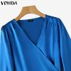 VONDA Women Autumn V-Neck Lantern Long Sleeve Dresses