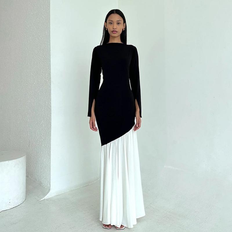 

Женское осенне-зимнее темпераментное однотонное платье с круглым вырезом и длинными рукавами в черно-белом стиле с оборками S чёрный