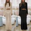 New Women's Hollow Long Sleeve Knit Top Bodycon Maxi Dress Two Piece Set