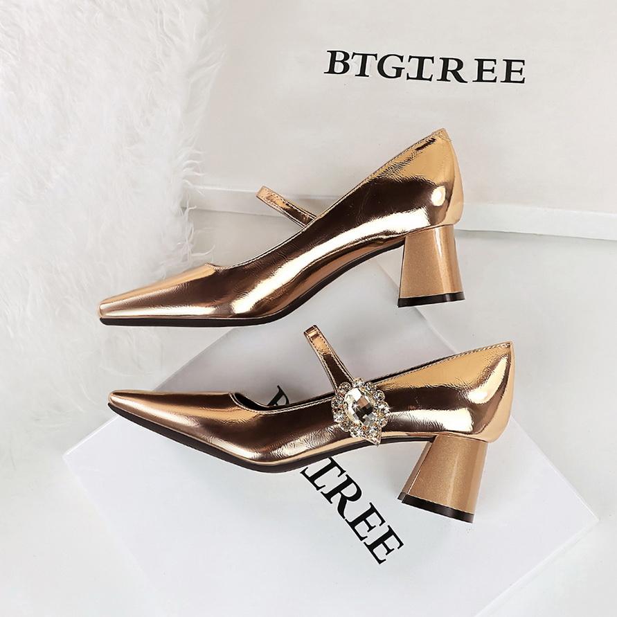 Women's Shoes with Thick Heel, Shallow Mouth, Square Toe, Rhinestone Buckle, Straight Strap, Single Shoe for Women
