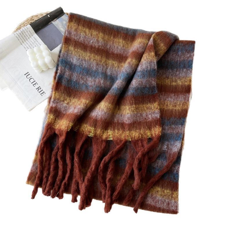 Light luxury fashion scarf colored mohair plaid scarf women's warm shawl one piece