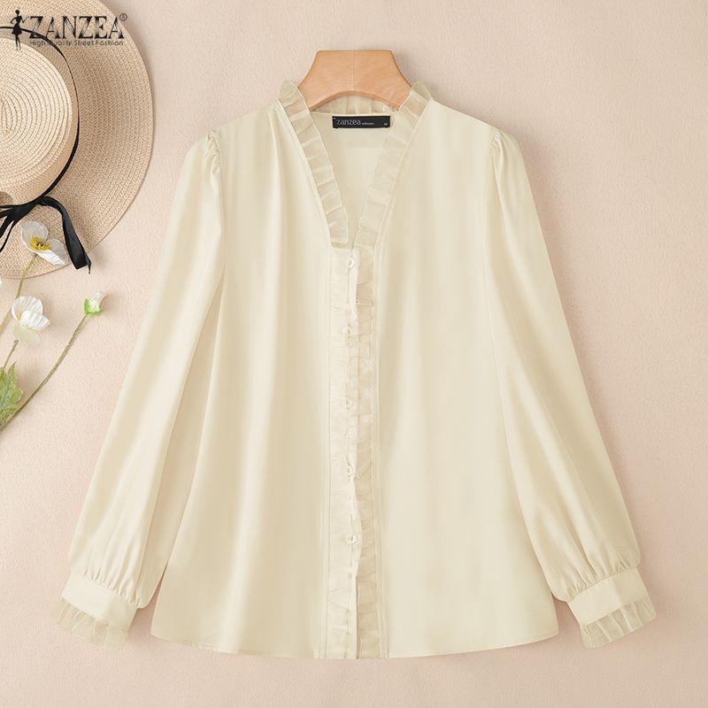 ZANZEA Lässige Bluse mit V-Ausschnitt und langen Ärmeln für Damen