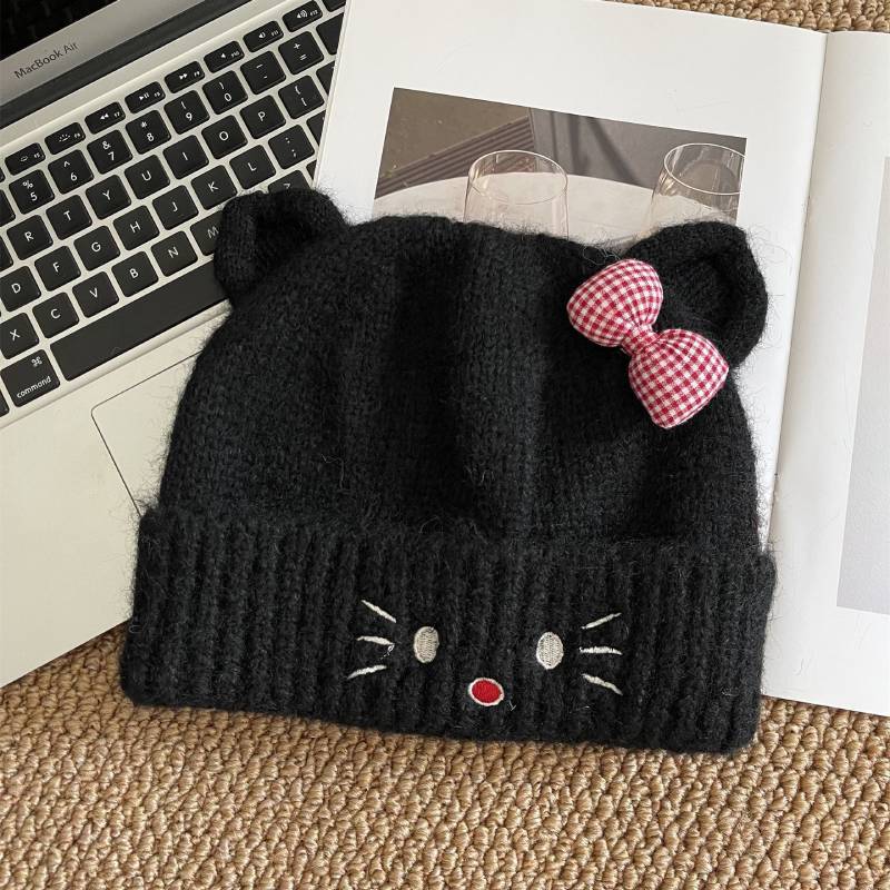 Cat Cartoon Knitted Hat With Embroidered Butterfly Bow For Winter Warmth And Windproof Comfort