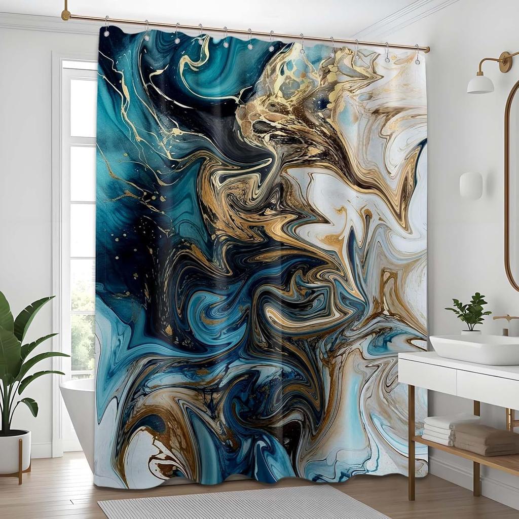 Teal and Gray Marble Shower Curtain Abstract Turquoise Gold Shower Curta for Bathroom Decor, Waterproof Cloth Fabric with Hooks 70 X 72 Inch