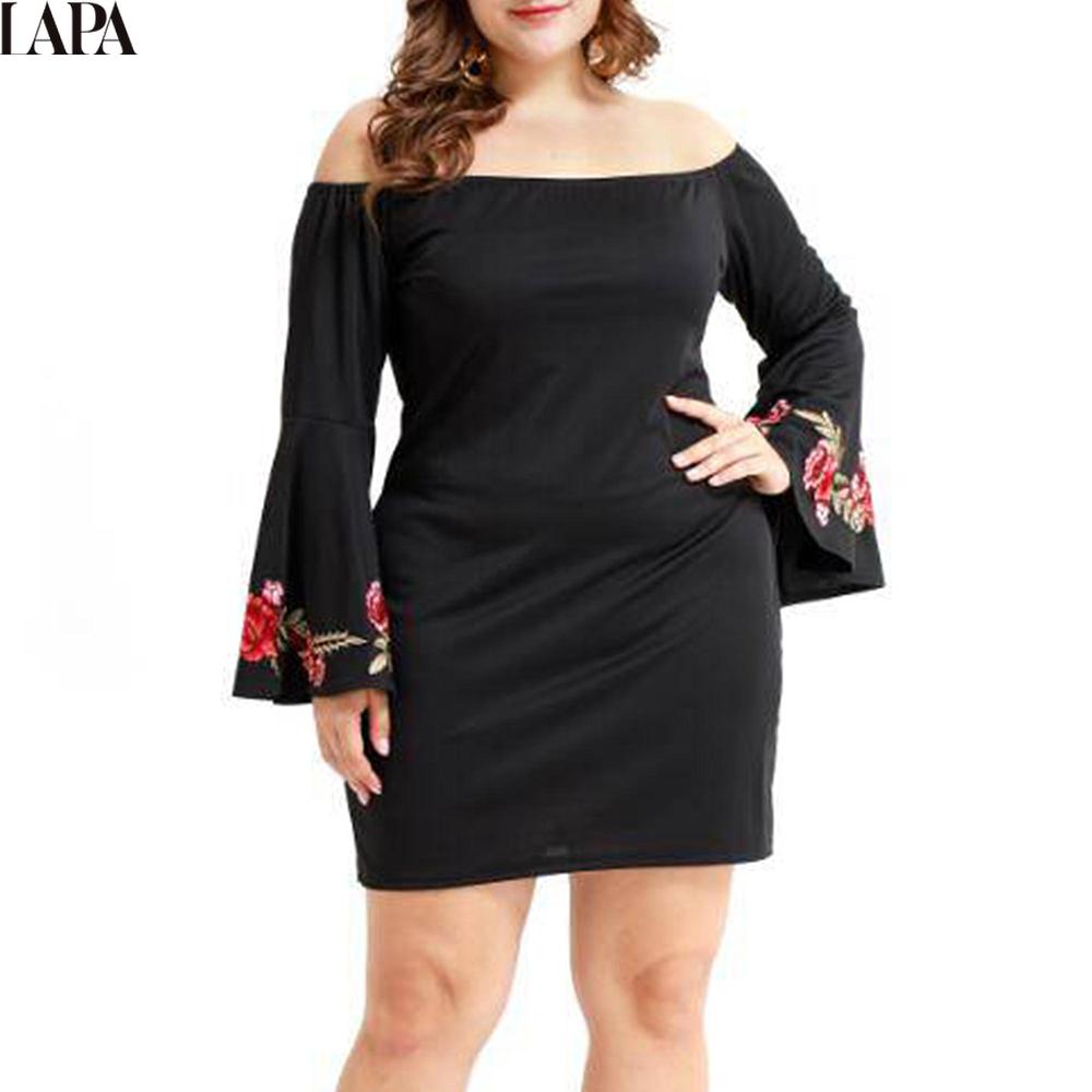 

LAPA Plus Size Женщины с плеча Вышитое мини-платье Праздник Вечерняя вечеринка Коктейль с длинным рукавом Платья L-5XL