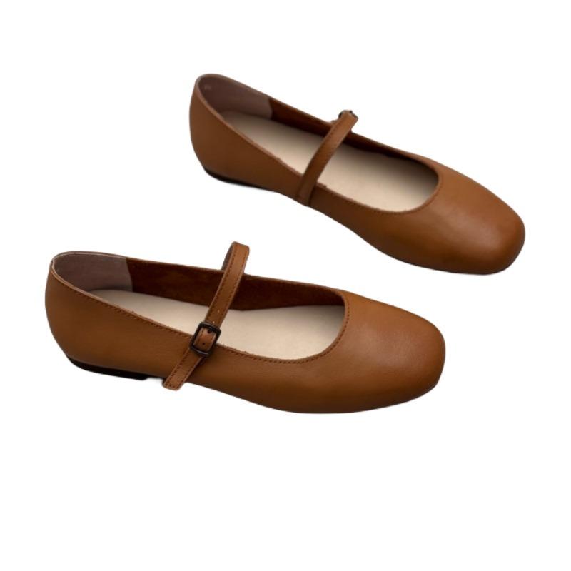 Mary Jane Leather Single Shoes Round Toe Flat Soft Cowhide Women's Shoes