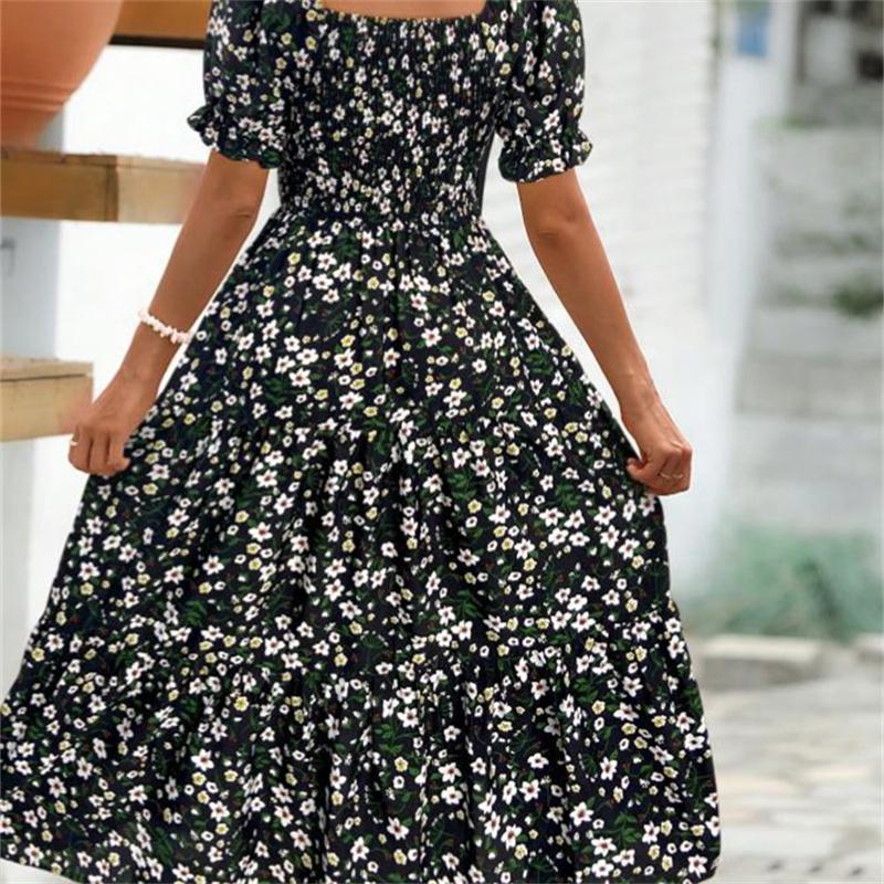 Women's Square Collar Waist Printed Dress S-XXXL