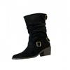 French retro square head thick heel short boots women's 2025 autumn and winter new belt buckle pleated piled boots versatile thin boots