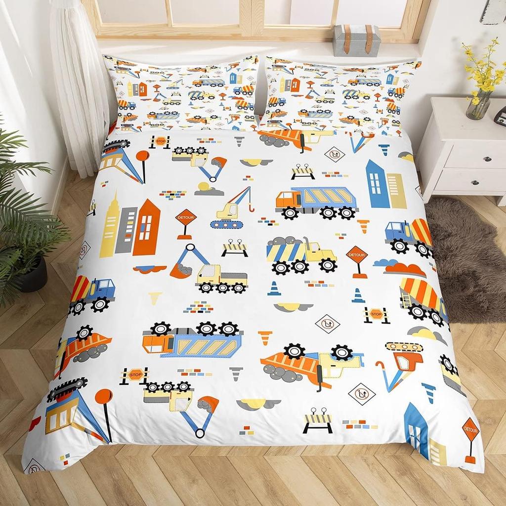Colorful Cartoon Car Duvet Cover Set Twin King Train Truck Police Car Print Quilt Cover Cartoon Vehicle Bedding Set For Boy Teen
