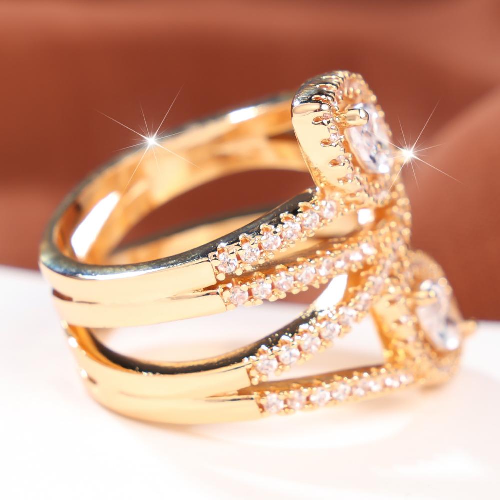 Luxurious Gold Color Cross Zircon Double Marquise Multi-band Ring for Women Party