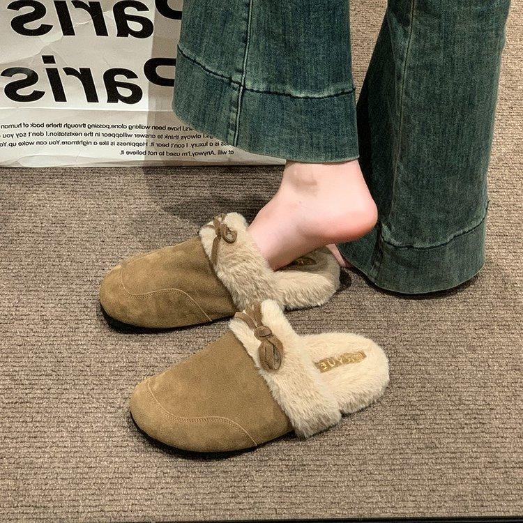[Youshilai] Retro Baotou Thick-soled Fluffy Half-slippers Women's 2025 Autumn New Lazy One-pedal Doudou Shoes