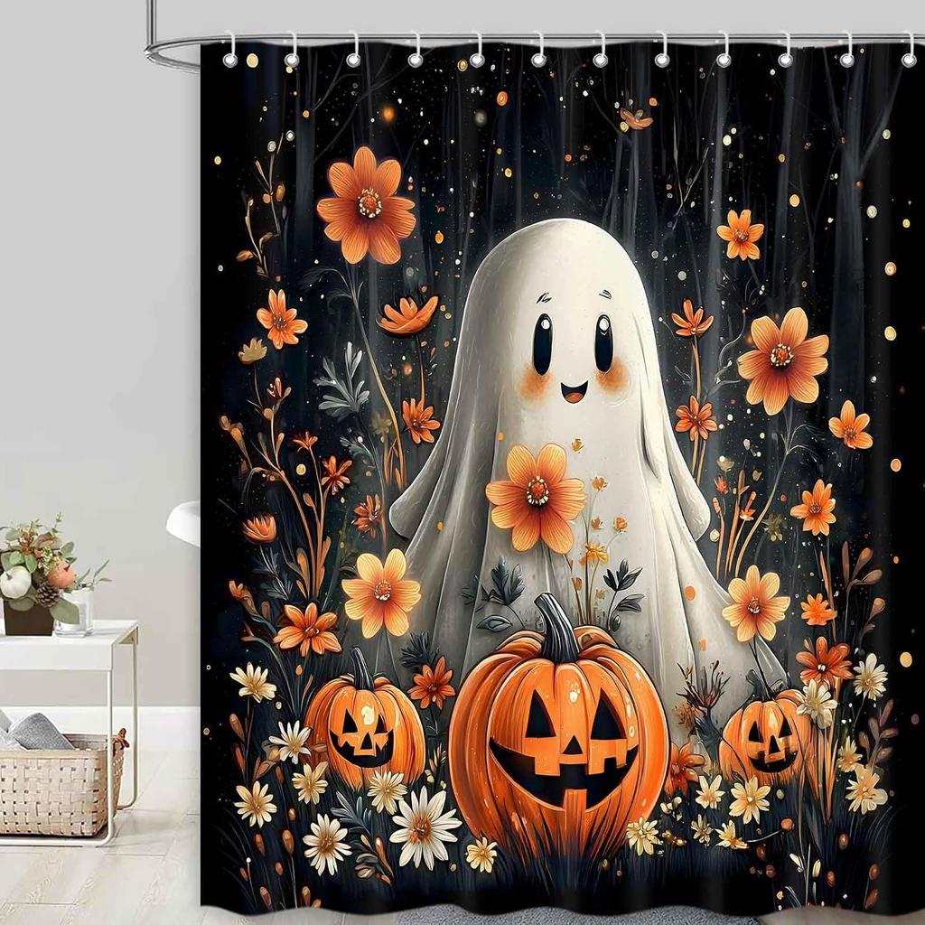 Spooky Halloween Shower Curtain Ghost Pumpkin Autumn Fall Holiday Decor Waterproof Polyester Bathroom Tapestry Curtain for Home