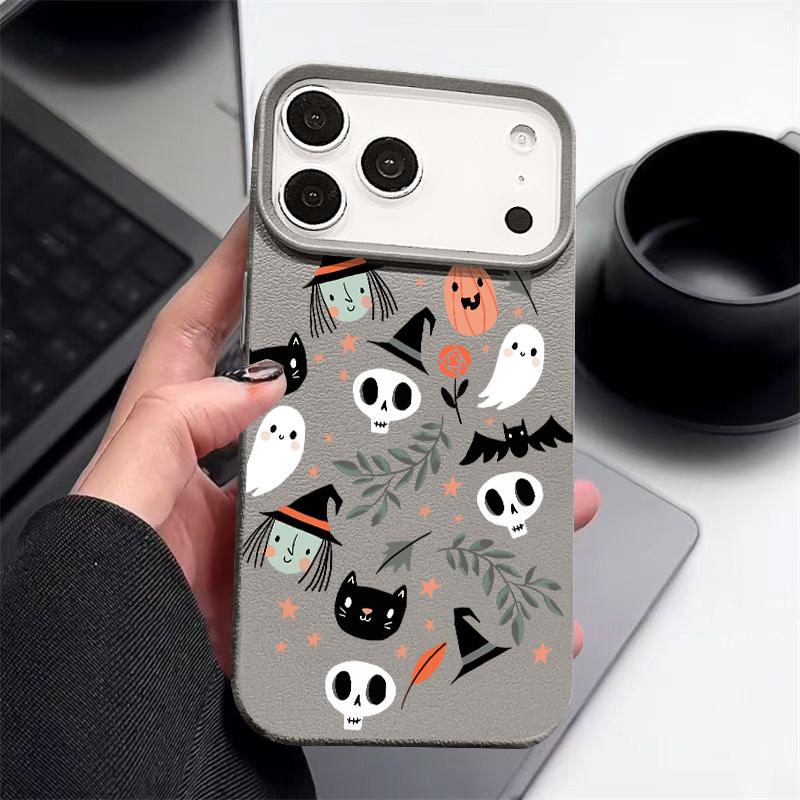 Ghost Witch Skulls Print Phone Case For iPhone 17 Pro Max Funda iPhone 16 Pro Max 15 14 13 12 11 16e Air Leather Texture Silicone Soft Cover
