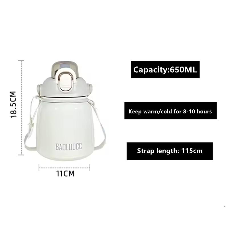 650ml Double Stainless Steel Thermos Mug with Straw Portable Vacuum Flasks with Strap Fashion Cute Thermal Bottle Tumbler