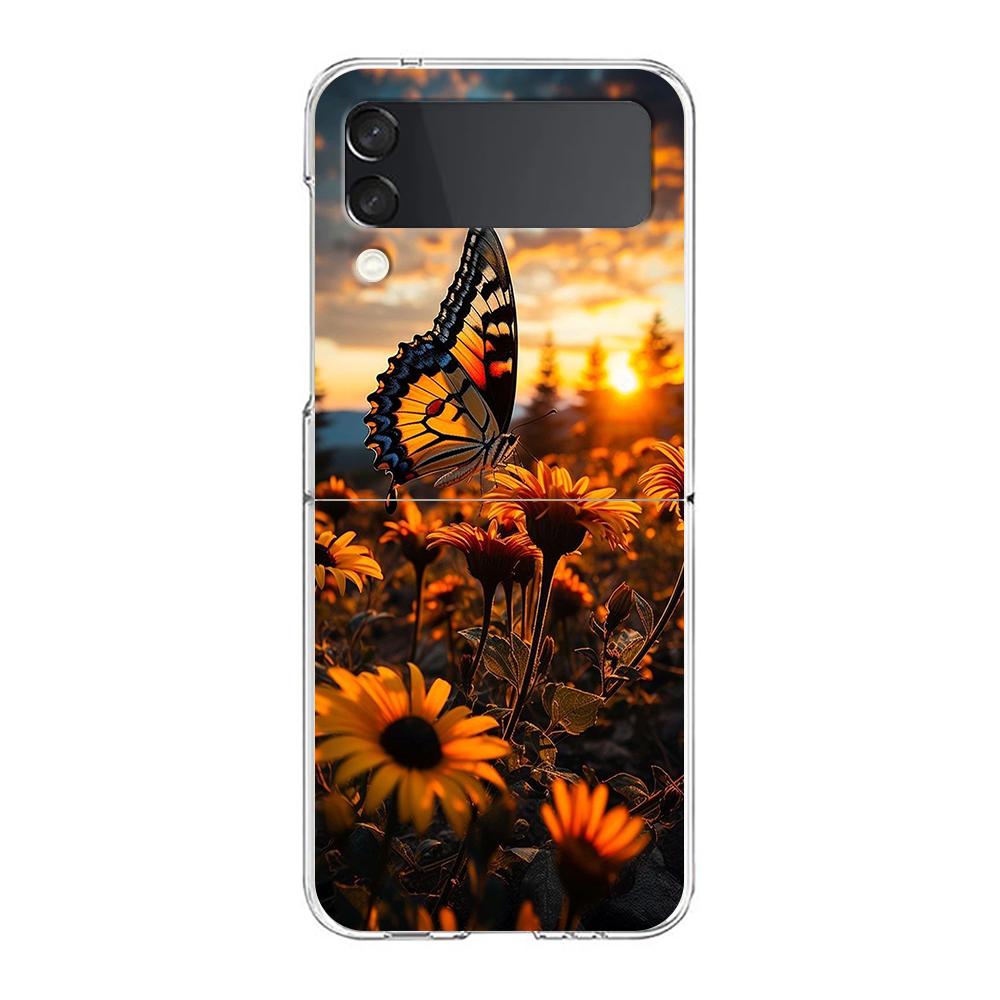 Phone Case For Samsung Galaxy Z Flip 3 4 5 Hard Folding Clear PC For Samsung Z Flip 6 Back Cover Beautiful Yellow Sunflower