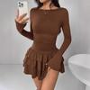 European and American new women's clothing autumn and winter solid color slim and thin temperament long-sleeved dress female apricot