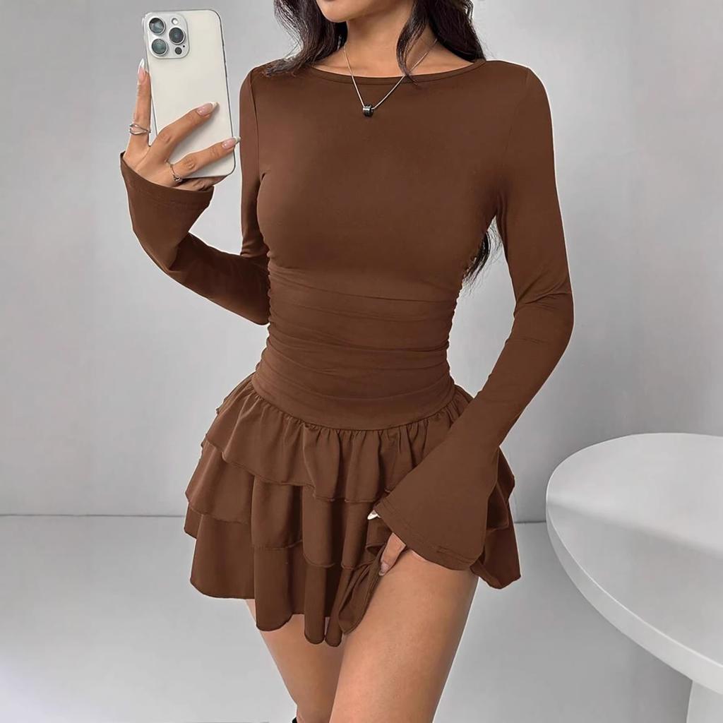 European and American new women's clothing autumn and winter solid color slim and thin temperament long-sleeved dress female apricot