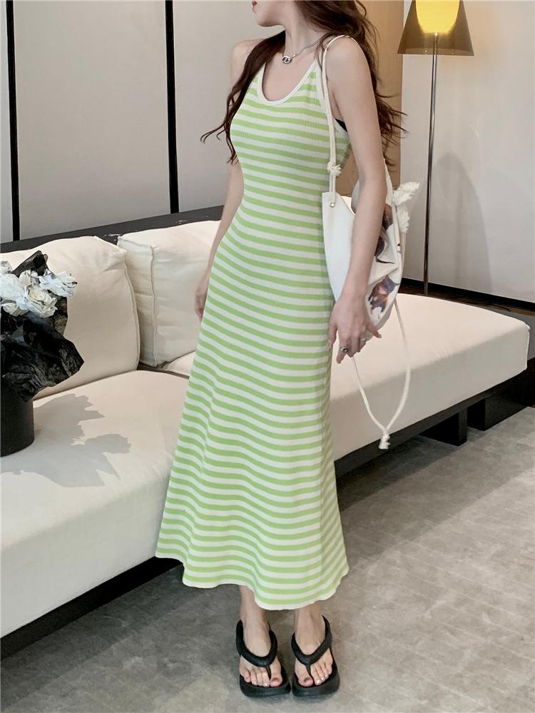 French Style Striped Suspender Knitted Dress: Backless, Slim Fit, Hip-Wrapped, Summer Women's Fashion