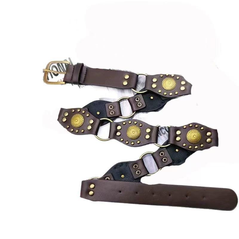 Western denim American European and American retro belt, new rivet brown belt jeans, Korean version versatile waist chain women