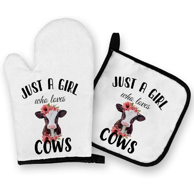 OHSUL Just a Girl Who Loves Cows Oven Mitts and Pot Holders Sets, Cow Gifts Kitchen Decor Accessories, Cow Gifts for Cow Lovers Heat Resistant Oven