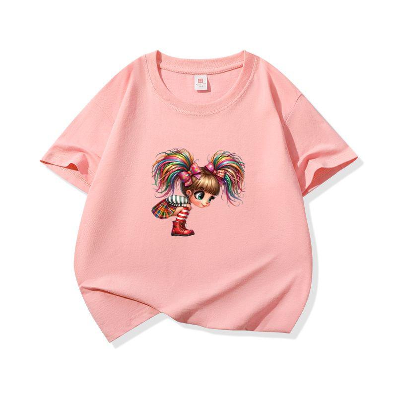 Kids Cotton T Shirt Rainbow Hair Girl Wear Plaid Skirt Print Crew Neck Short Sleeve Tee Casual Boys Girls Summer Tops