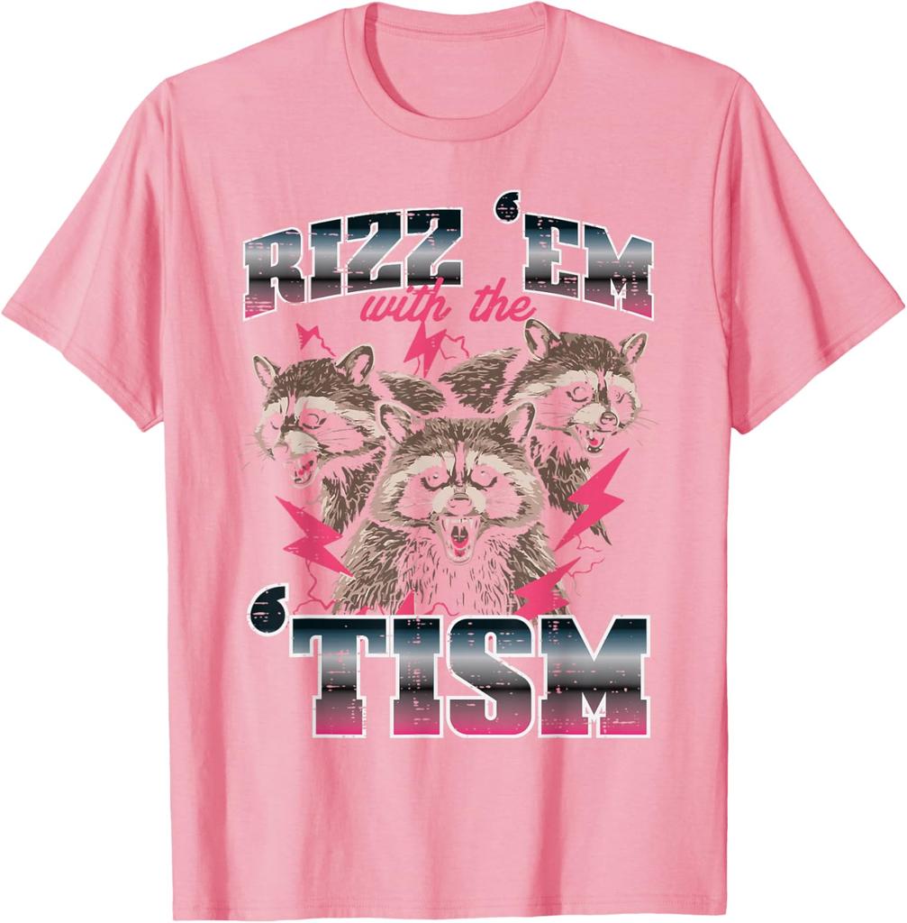 Rizz Em With Tism Raccoon Meme Graphic Tee Funny Autism Awareness Casual Short Sleeve TShirt