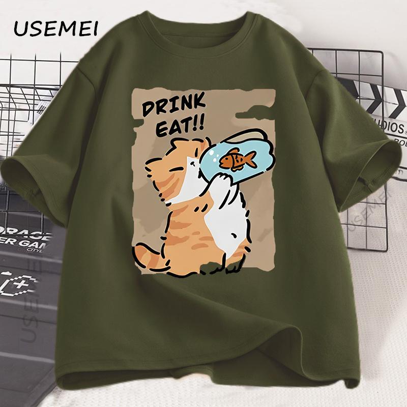 Funny Cat Eat Fish T-shirt Trend Printed Cotton Round Neck T-shirt Men and Women with The Same Loose Casual Short Sleeve Tees