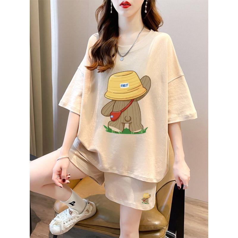 Pure Cotton Short Sleeve Short Pants Suit Women's Summer Plus Size Plus Size Ladies Loose Fashion Casual Sports Style Wear a Set of Fashion