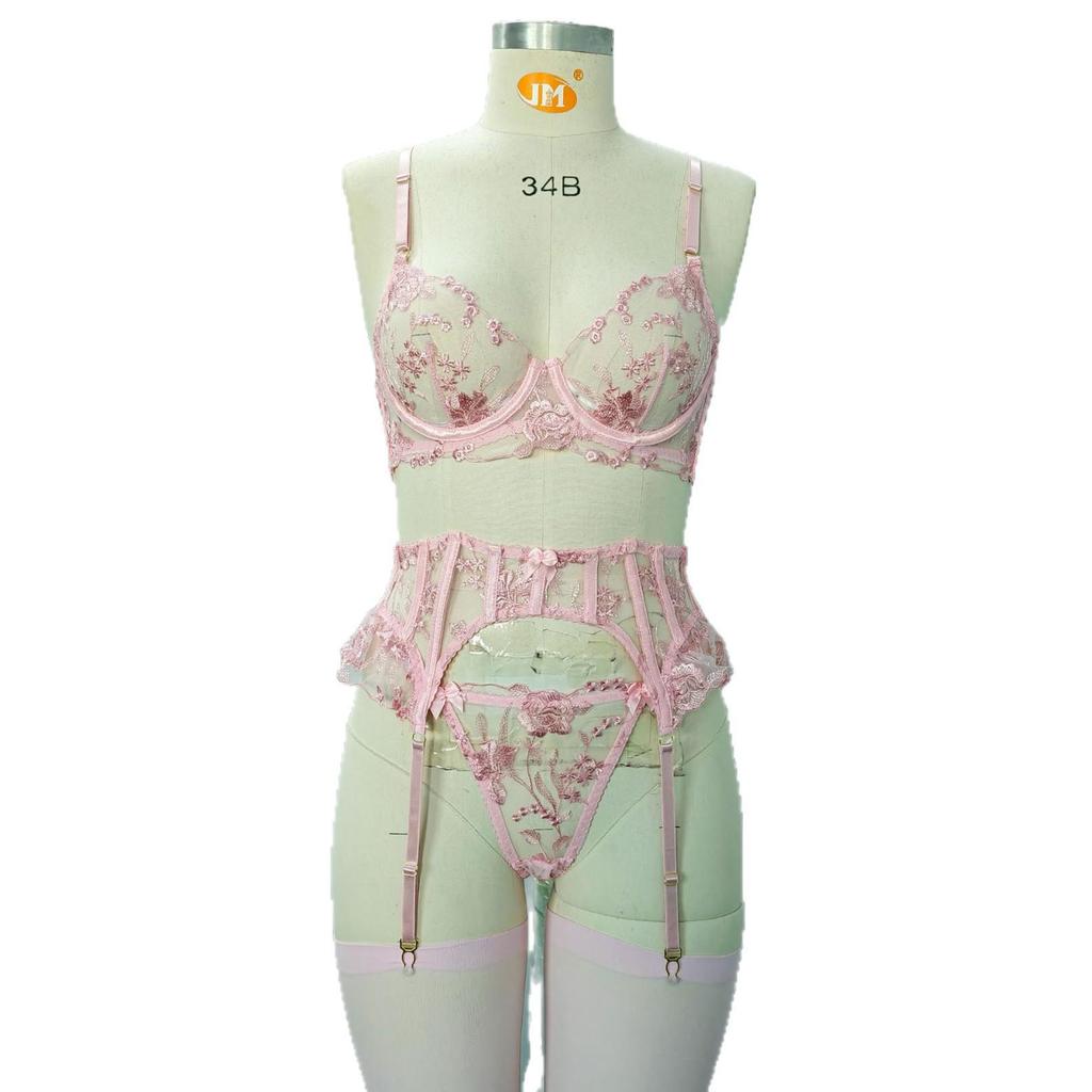European Pink Floral Embroidered Garter & Bow Bra Set