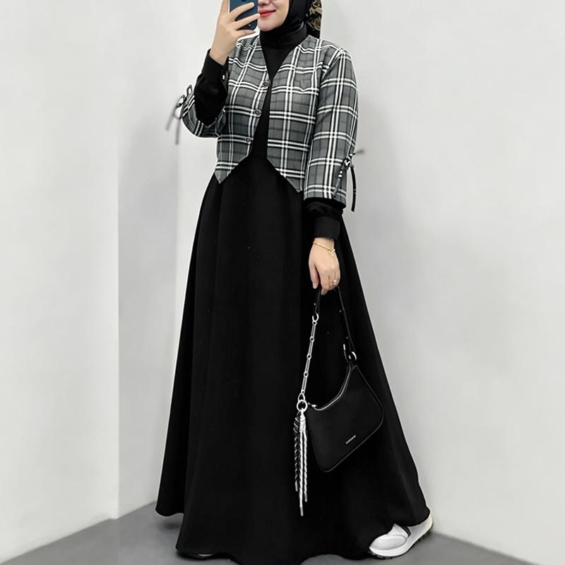 ZANZEA Women Muslim Casual Round Neck Long Sleeve Plaid Print Patchwork Loose Long Dress