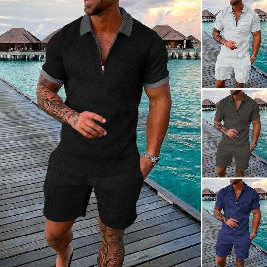 2 Pcs/Set Men Shirt Shorts Set Zip Neckline Lapel Solid Color Short
