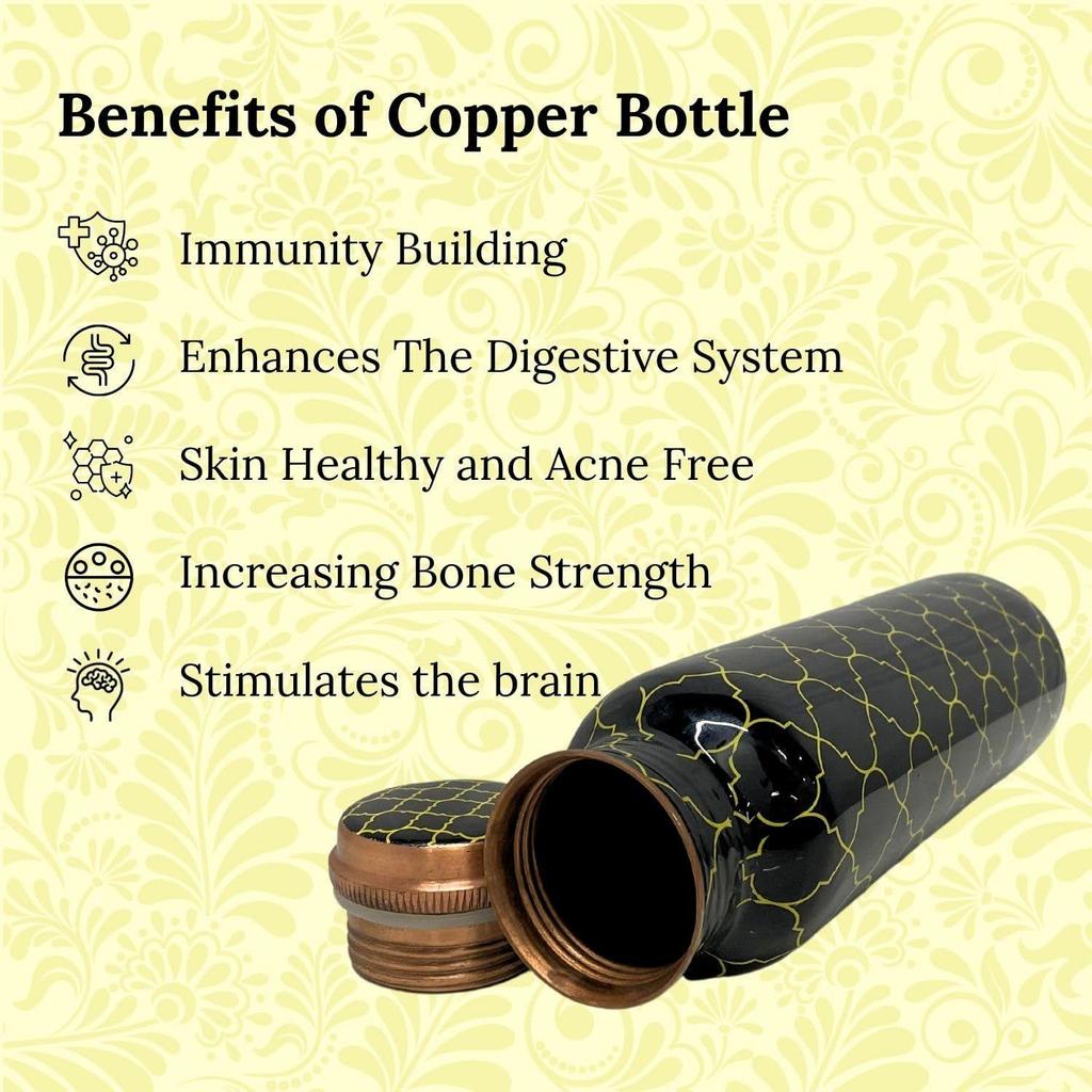 Pure Copper Water Bottle with Leakproof Protection | Ayurveda-Inspired Tamba Bottle for Yoga & Health Benefits (1L, Black Moroccan)