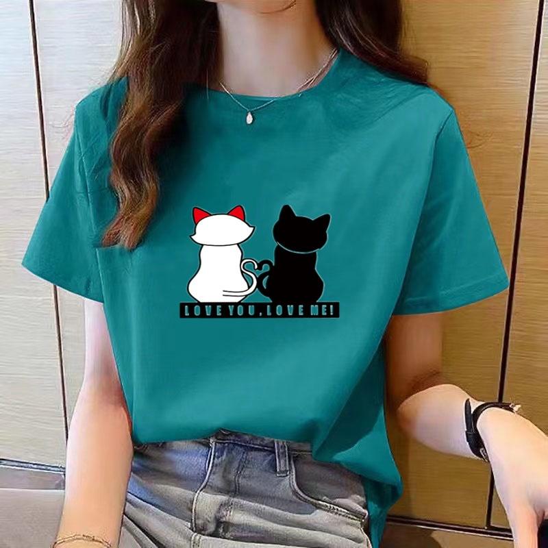 Volný ležérní top s potiskem, krátký rukáv, kulatý výstřih, tričko pro ženy, módní, s kresleným potiskem