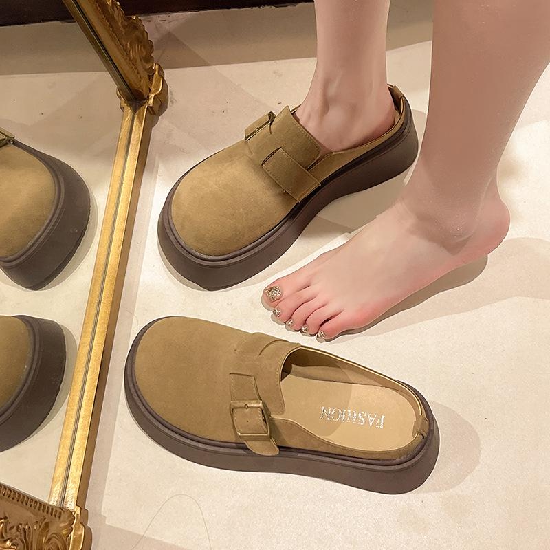 One Foot Pedal Bag Head and Half Slippers Women Wear Autumn and Winter New Thick-soled Heightening Retro Slippers
