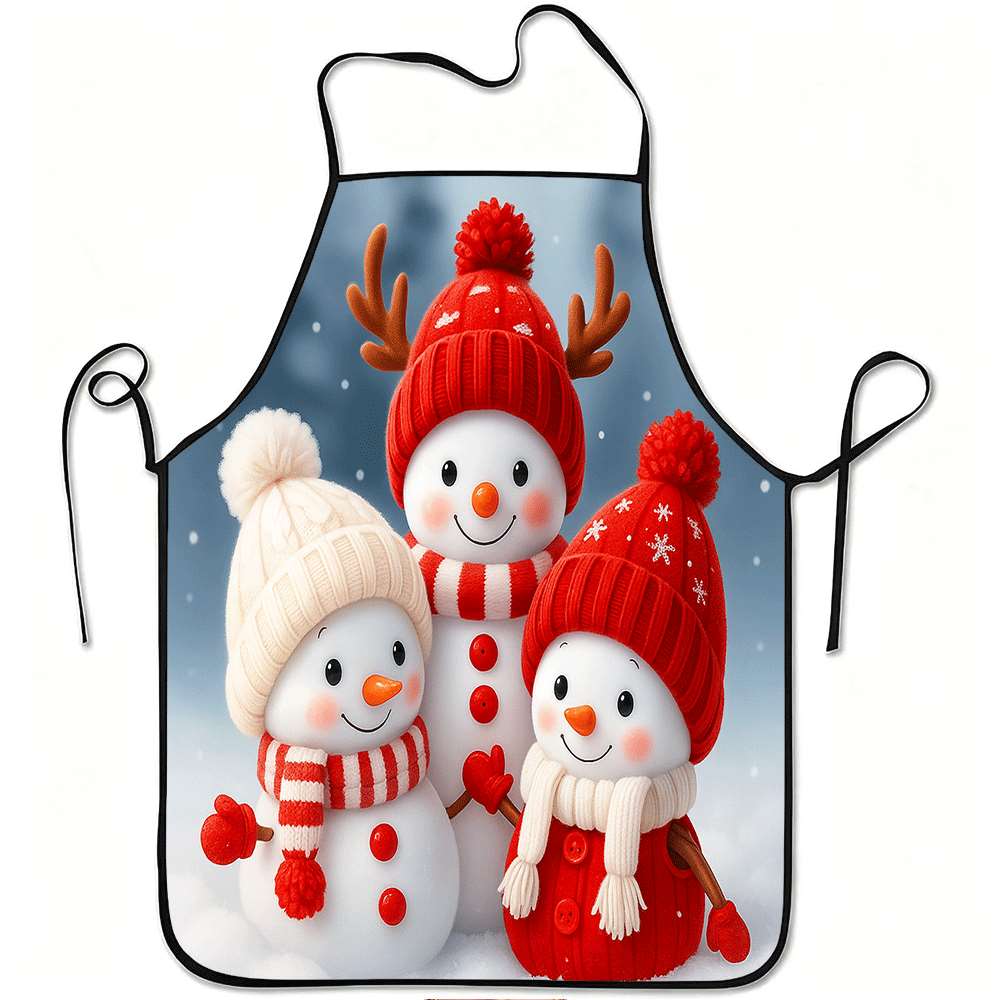 1pc Cute Snowman Family Christmas Apron - Durable Polyester Adjustable Waistband Easy To Clean Perfect For Kitchen Cooking Garde