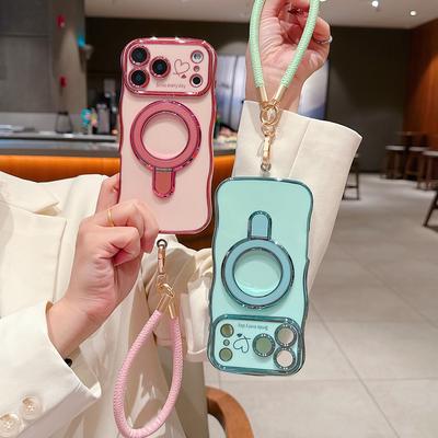 Wavy Frame Wrist Strap Phone Case for iPhone 17 Air 16 15 14 13 12 11 Pro Max Plus Silicone Soft Protective Cover Magnetic Stand
