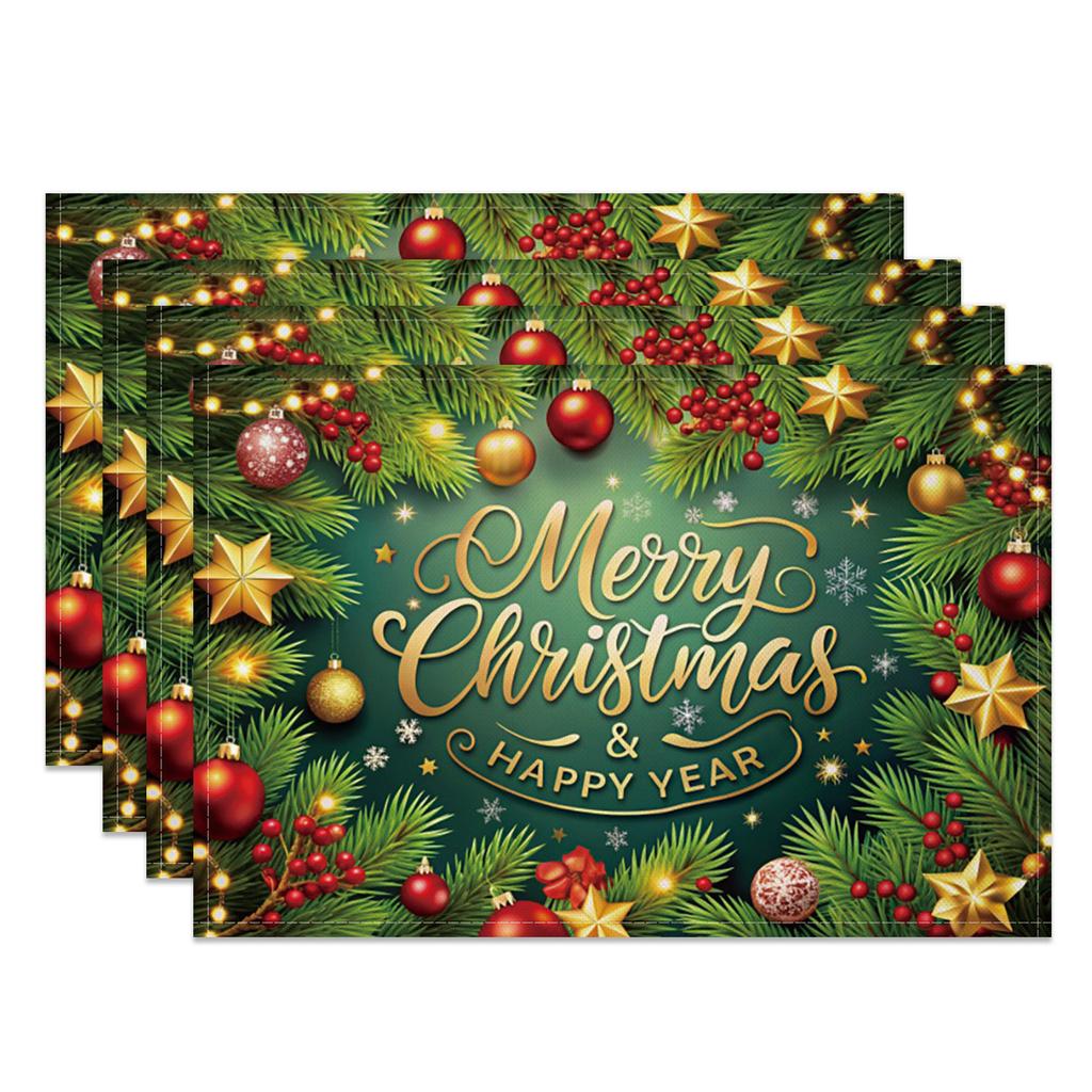 4pc/set 2025 Christmas Placemats Snowman Santa Pinecone Green Theme Holiday for Xmas Decor Linen Washable Christmas Tableware