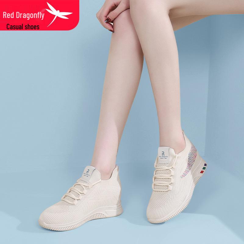 Red Dragonfly Women's Flyknit Sports Casual Shoes - Thick Sole, Hidden Heel, Non-slip Mesh