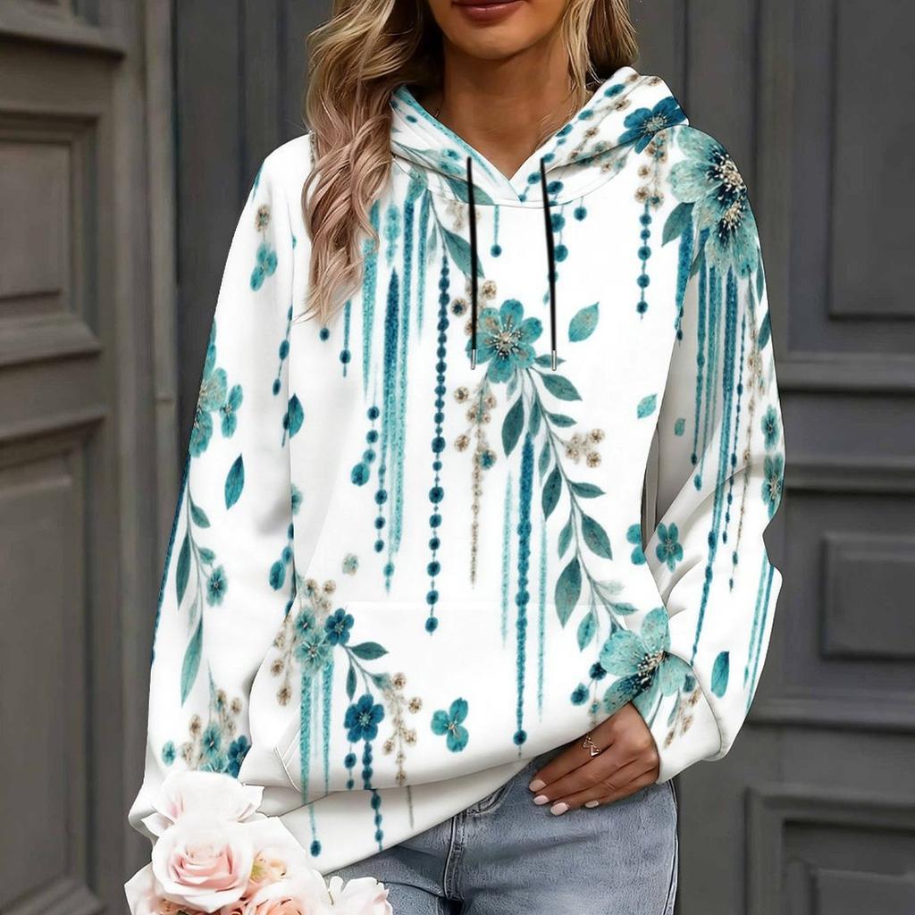 Women Plus Size Abstract Printed Long Sleeve Drawstring Hoodie Kangaroo Pocket Pullover