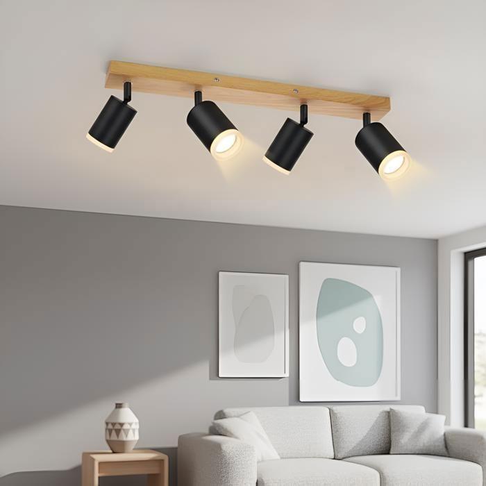 Spot Plafond Bois Noir 4 Spots GU10 Orientables 350° - NETTLIFE - Style Industriel Vintage pour Salon Cuisine Chambre Bureau