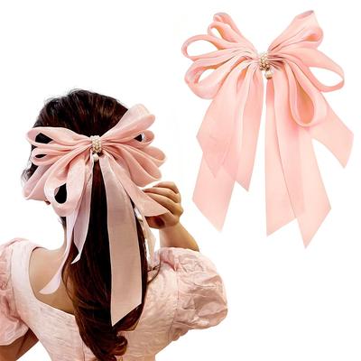 BellaStella Korean Style Large Peach Satin Pearl Bowknot Barette Hair Clip For Girls And Women Pack of 1 Pc