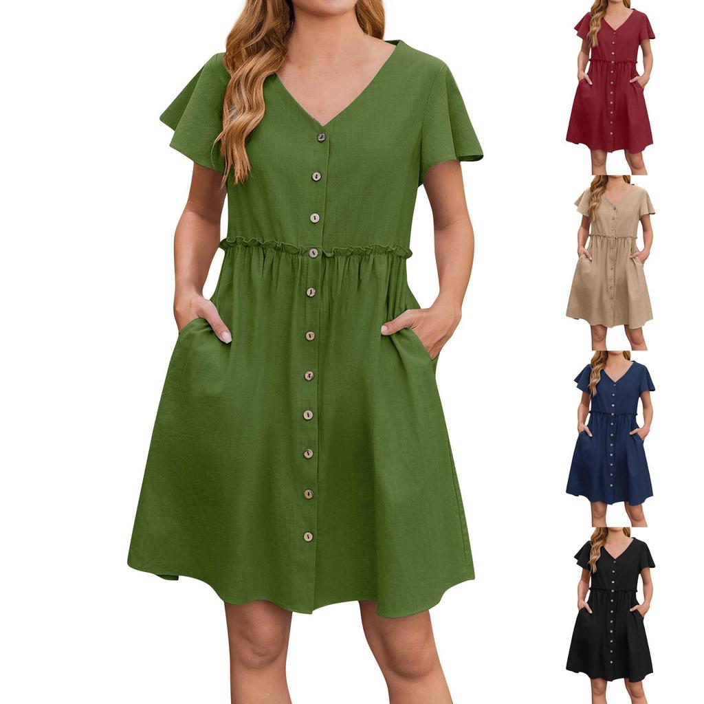 Women's Fashion Solid Color Casual Bohemian Vacation V Neck Short Sleeved Ruffle Edge Dress