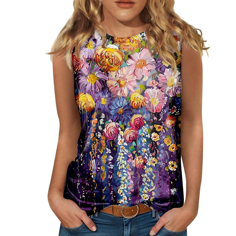 Floral Oil Painting 3D Print Tank Tops Women O-Neck Casual Vest Off Shoulder Y2k Elegant Sleeveless Top Camisole Woman Clothing