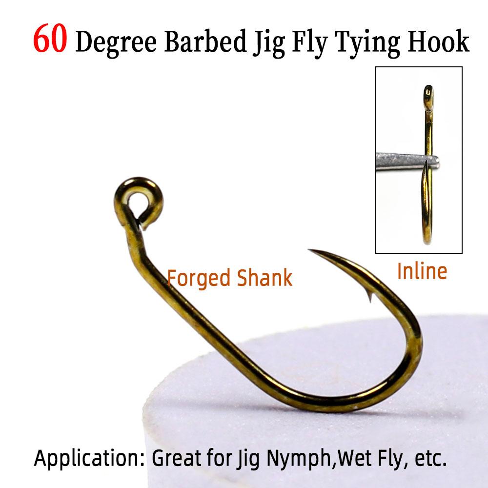 50pcs 60 Degree Angle Barbed Fly Tying Jig Hook 10# 12# 14# 16#  Bronzed Coated Wide Gap Jig Nymph Wet Fly Fishing Lures