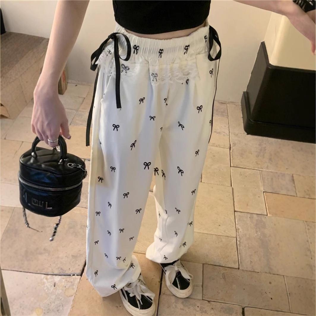 

Women s High Waist Wide Leg Pants with Bowknot Lace Patchwork - Casual Loose Fit for Autumn. Small абрикосовий