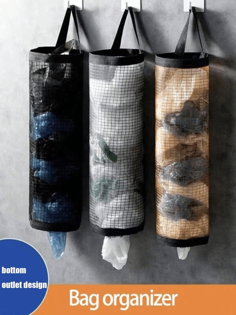1pc Garbage Bag Storage Hanging Bag, Wall-Mounted Drawstring Shoe Storage Bag, Kitchen Plastic Bag Organizer, Woven Mesh Bag,Plastic Bag Holder