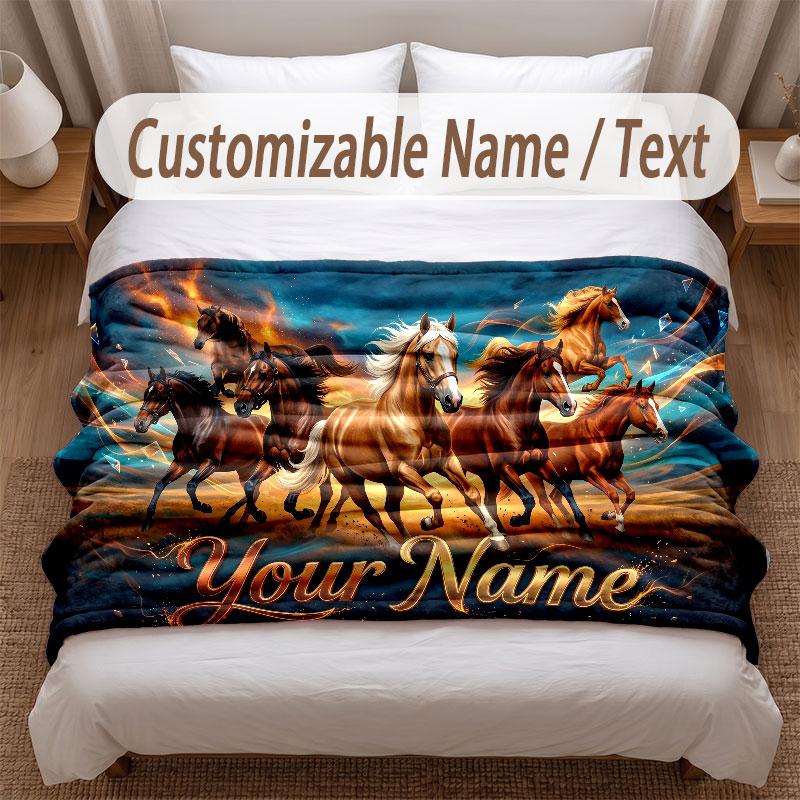 Horse Theme Soft Blanket Personalized Custom Name Text Print Warm Blanket Home Sofa Bedroom Decor