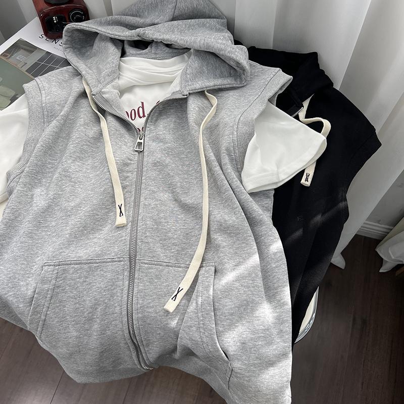 Summer Men's Leisure Sports Hooded Vest Large Size Korean Version Loose Sleeveless Zipper Cardiga Waistcoat All-match Coats