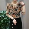 Women's Long Sleeve Print Bottoming Shirt Spring Autumn New Print Mesh Round Collar Pullovers Tshirt L-4XL