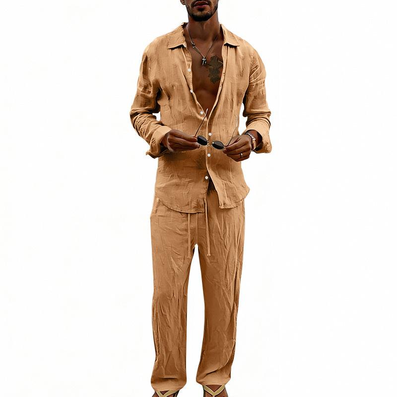 

Men s casual, loose-fitting, breathable linen long-sleeved shirt and straight-leg trousers set XXXL